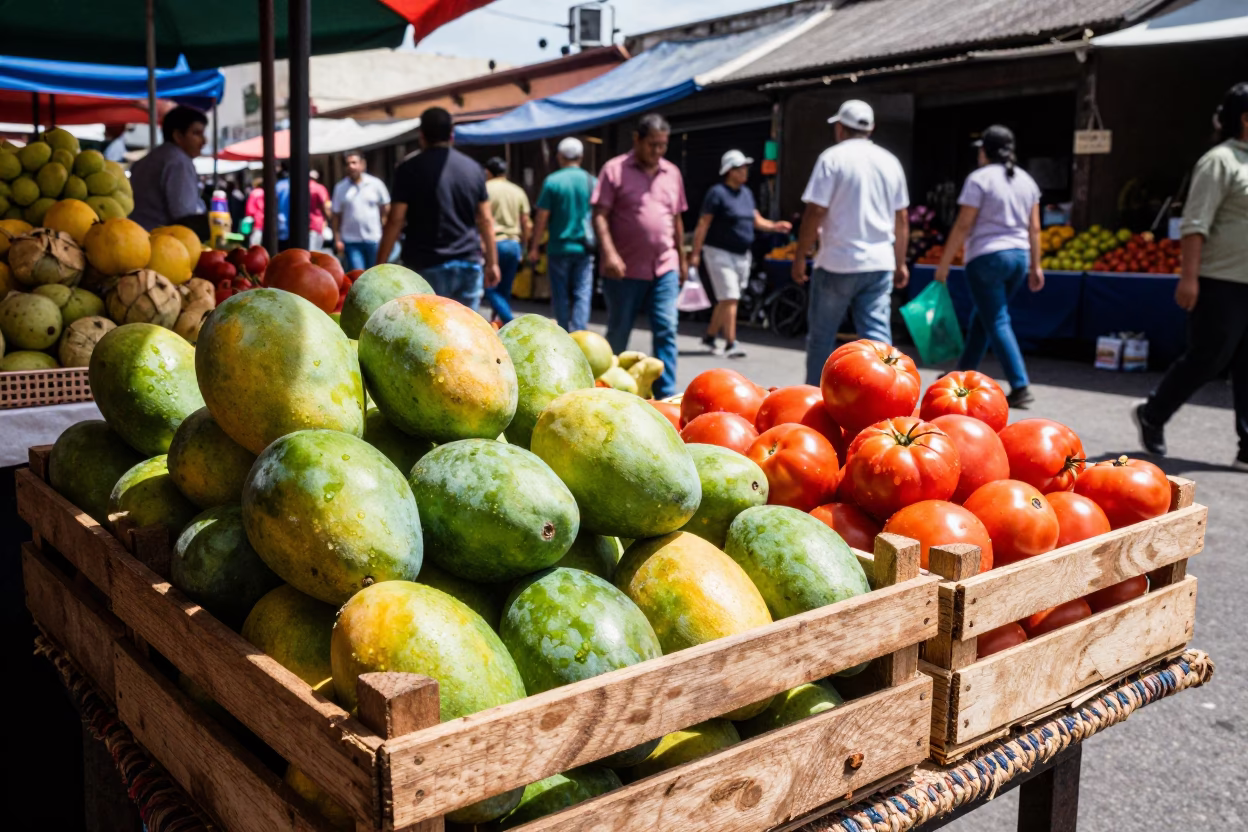 Oaxaca Street Market Midday Scene with Fruit Crate and Local Commerce in in Oaxaca, Mexico