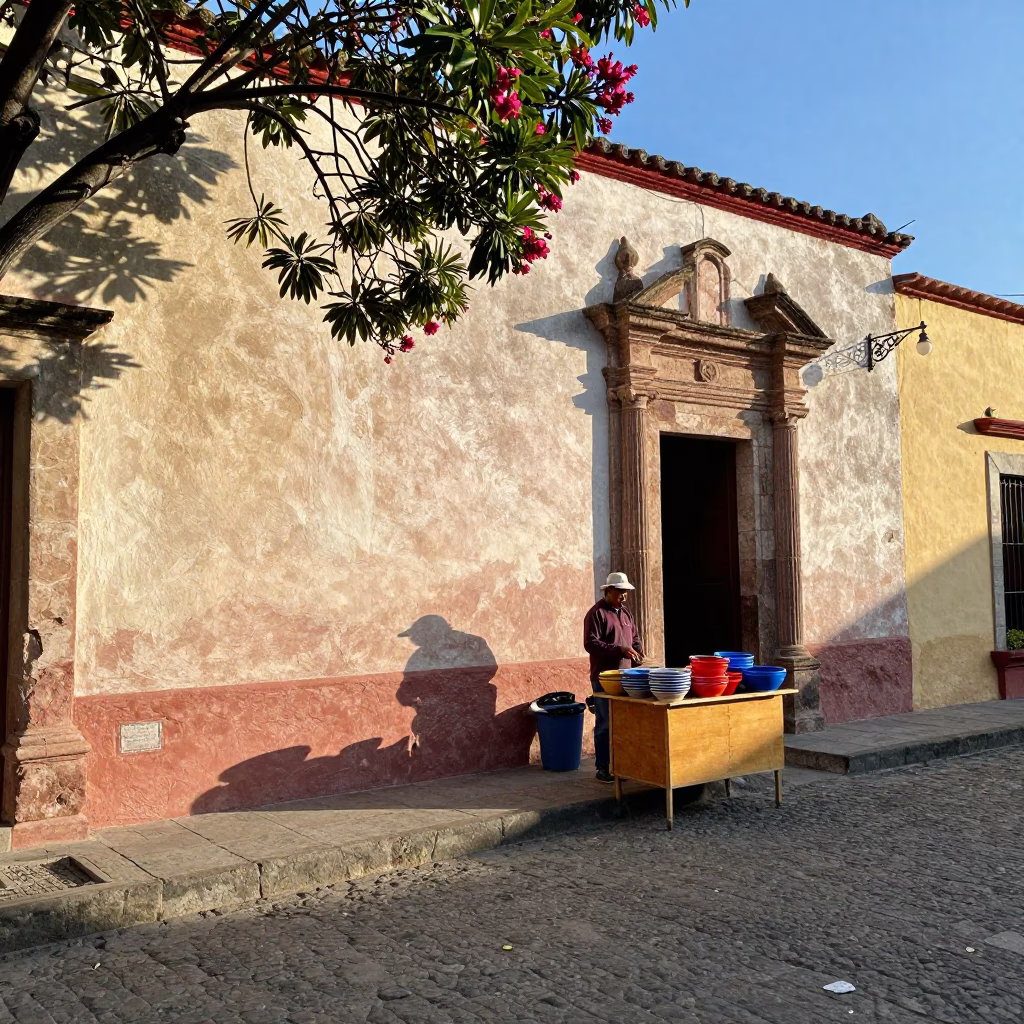 Oaxaca Street Scene Early Afternoon with Frangipani Branch and Local Market Vendor in in Oaxaca, Mexico
