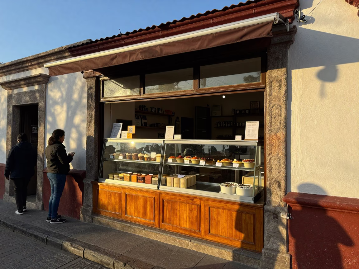 Oaxaca Street Scene Late Afternoon Light Bakery Display with Pastel Macarons in in Oaxaca, Mexico