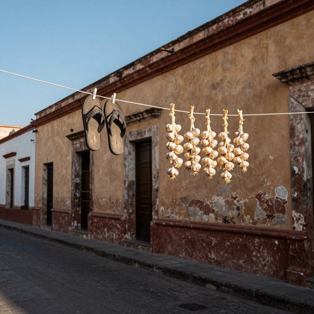 Oaxaca Street Scene with Clothesline and Garlic in Late Afternoon Light in in Oaxaca, Mexico
