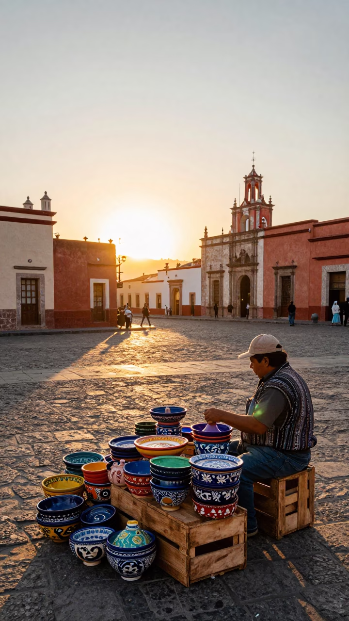 Oaxaca Street Vendor Displaying Colorful Crazed Majolica Bowls at Sunset in in Oaxaca, Mexico