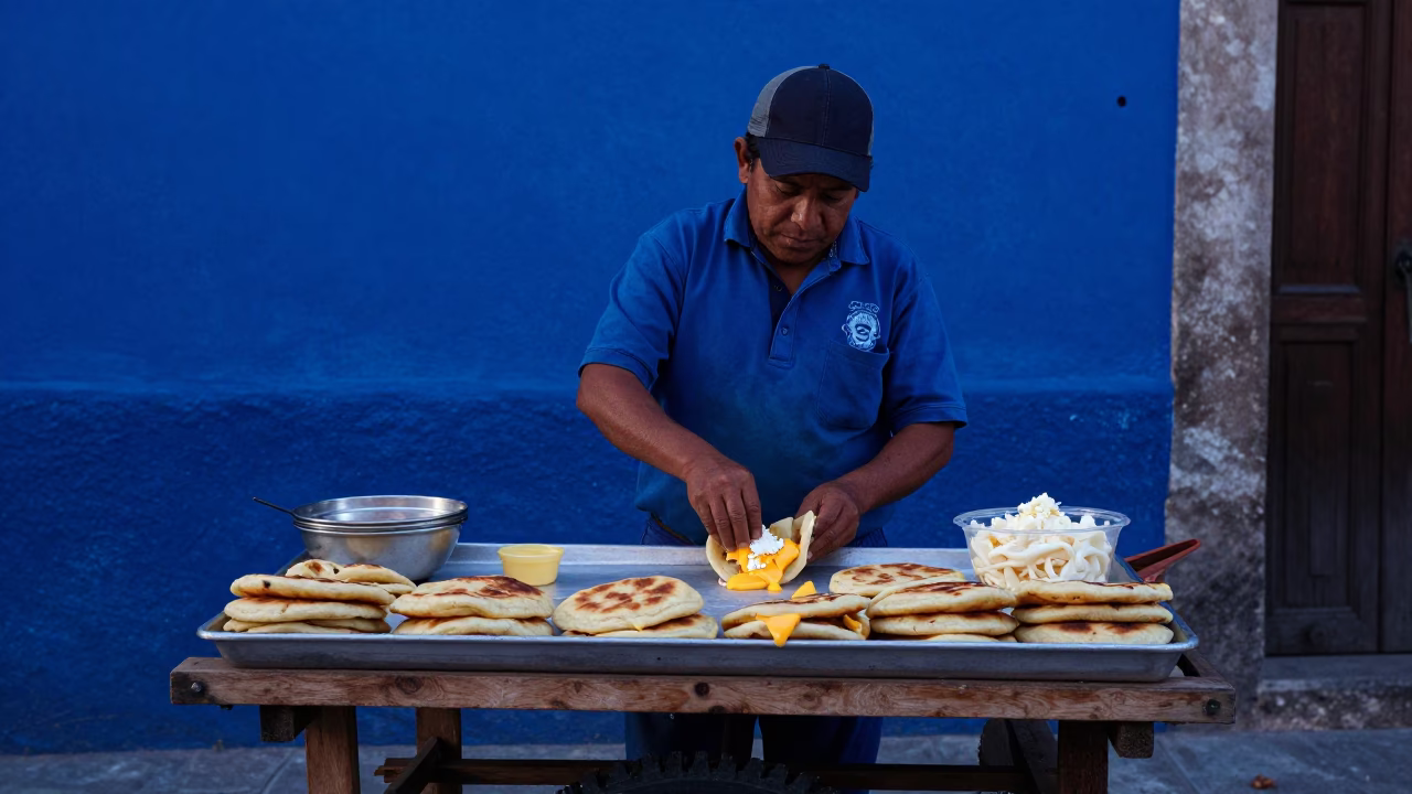 Oaxaca street vendor preparing fresh arepas with cheese during indigo twilight in in Oaxaca, Mexico