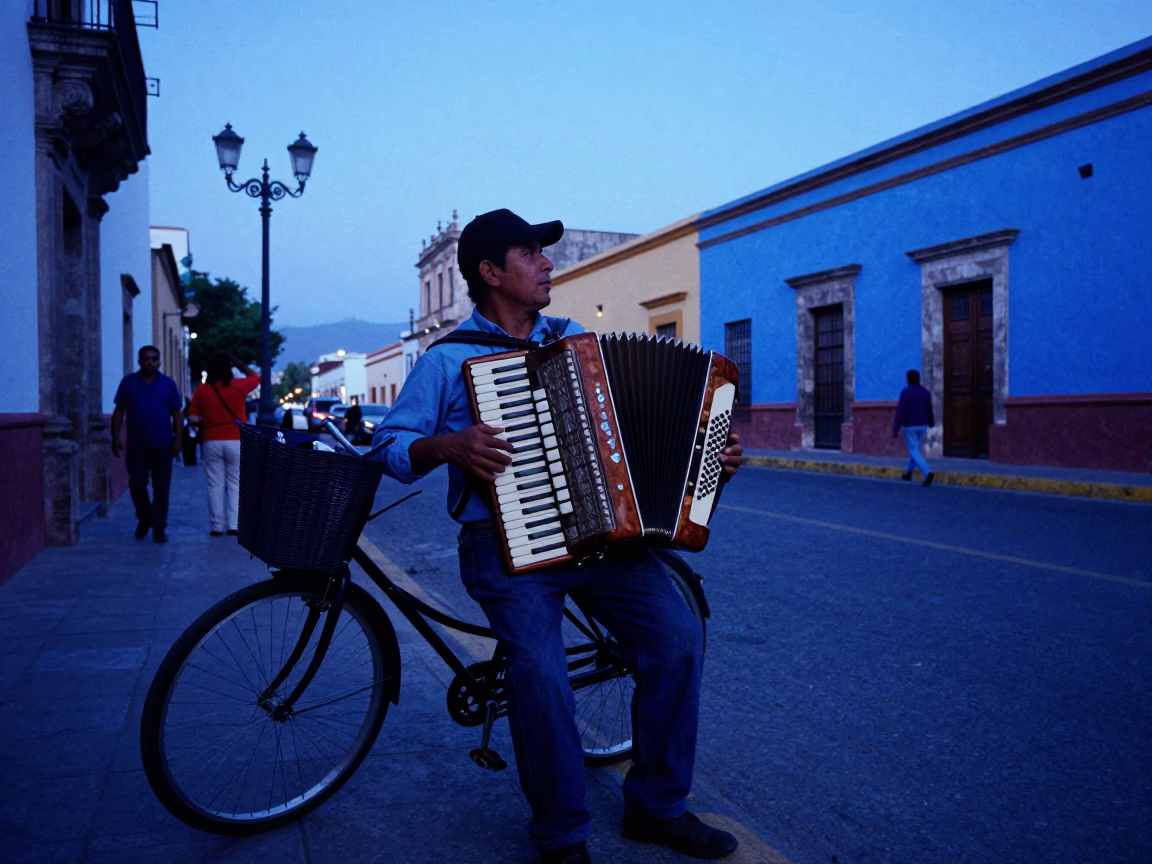 Oaxaca street vendor selling accordion and bicycle under indigo twilight in in Oaxaca, Mexico