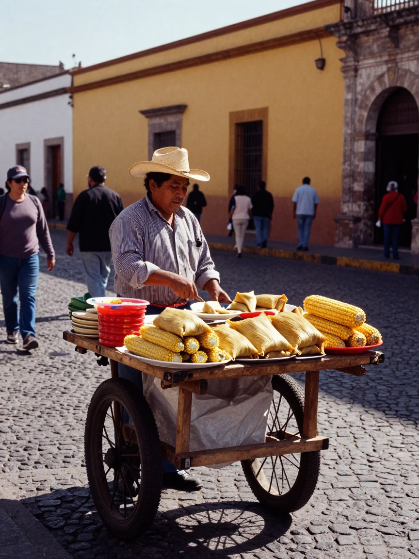Oaxaca street vendor selling traditional tamales and fresh corn in late afternoon sunlight in in Oaxaca, Mexico