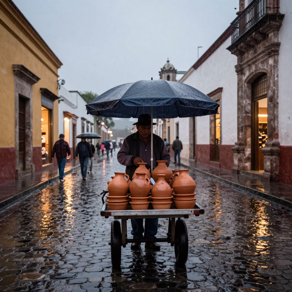 Oaxaca Street Vendor Under Dusk Rain With Rolling Carts And Hydrangeas in in Oaxaca, Mexico