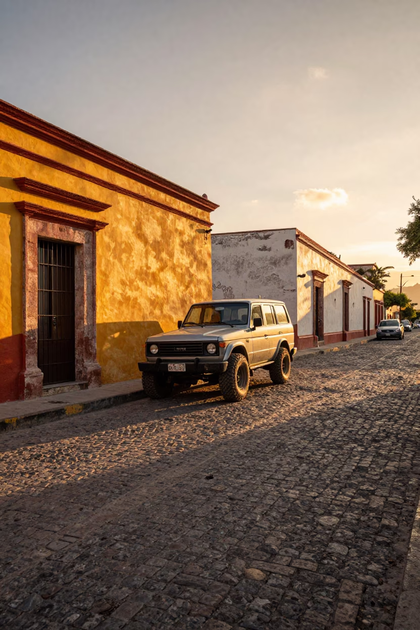 Oaxaca Sunset Street Scene with Vintage SUV and Gate Handle Details in in Oaxaca, Mexico
