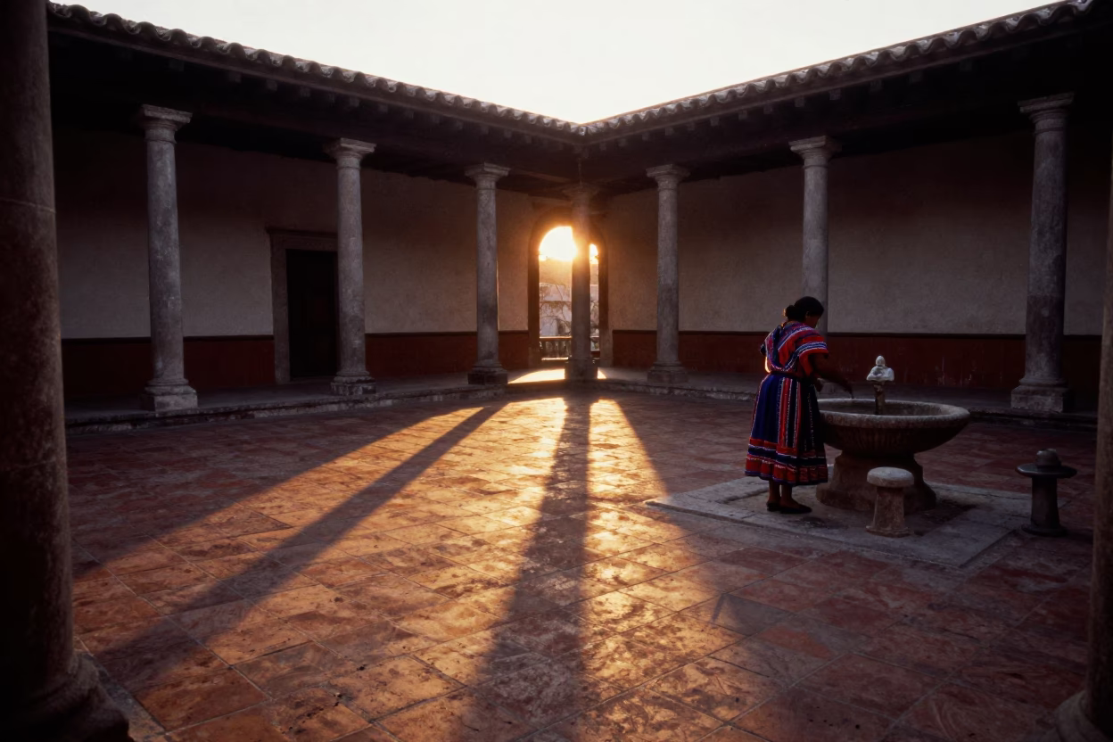 Oaxaca Tiles Courtyard at As The Sun Drops Toward The Horizon in in Oaxaca, Mexico