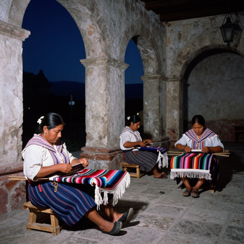Oaxaca Traditional Oaxacan Textile Artisans Weaving Colorful Serapes at Midnight Light in in Oaxaca, Mexico