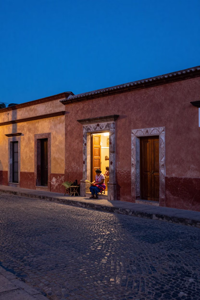 Oaxaca Twilight Street Scene with Woman Weaving Palm Leaf Basket in in Oaxaca, Mexico