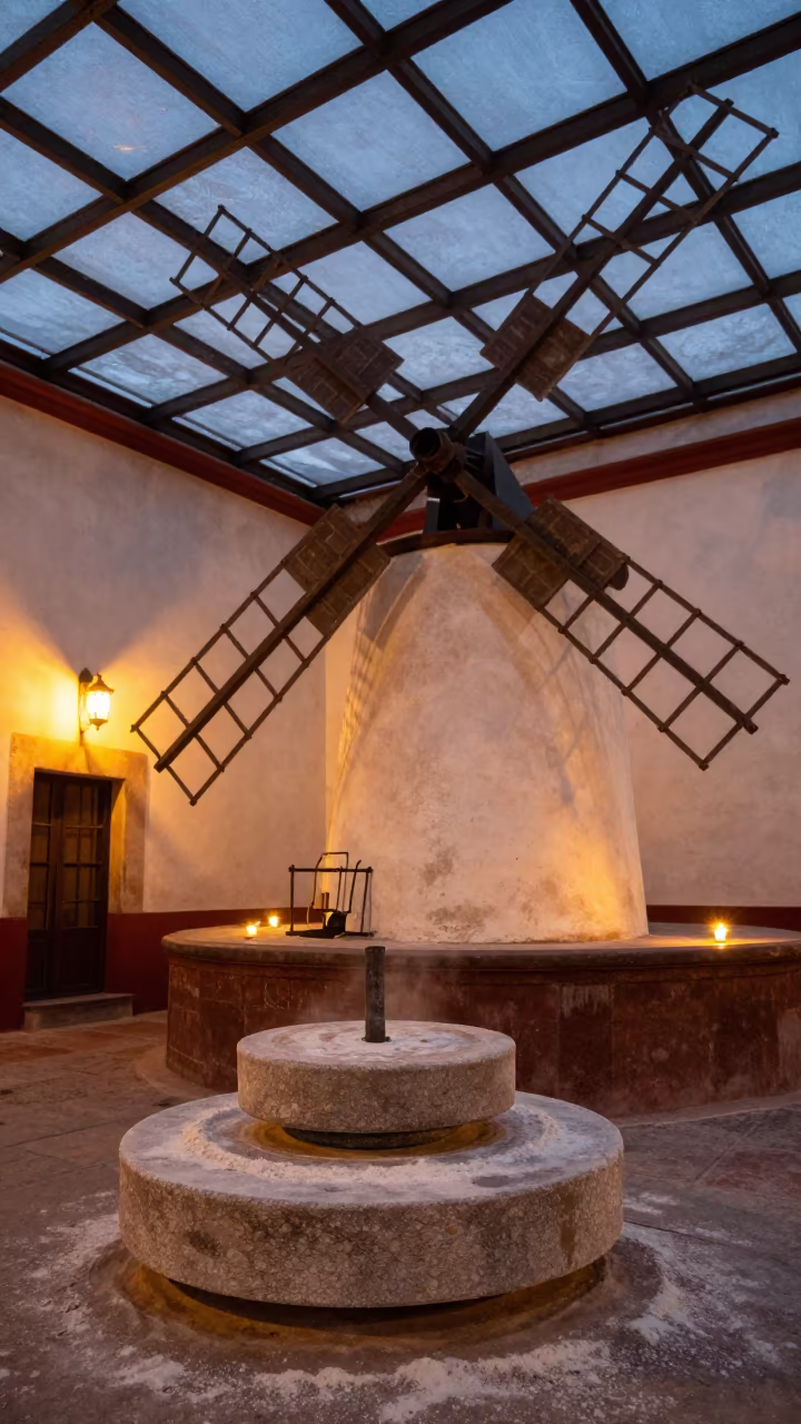 Oaxaca Windmill Interior Grinding Stones Flour in inside a glass-roofed arcade near Oaxaca