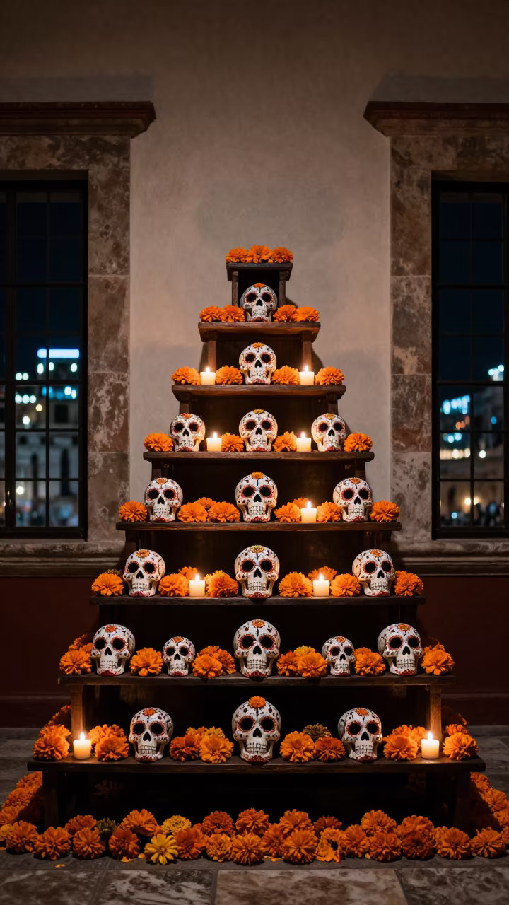 Oaxacan Day of the Dead Altar Candlelight in in a ceremonial hall near Oaxaca