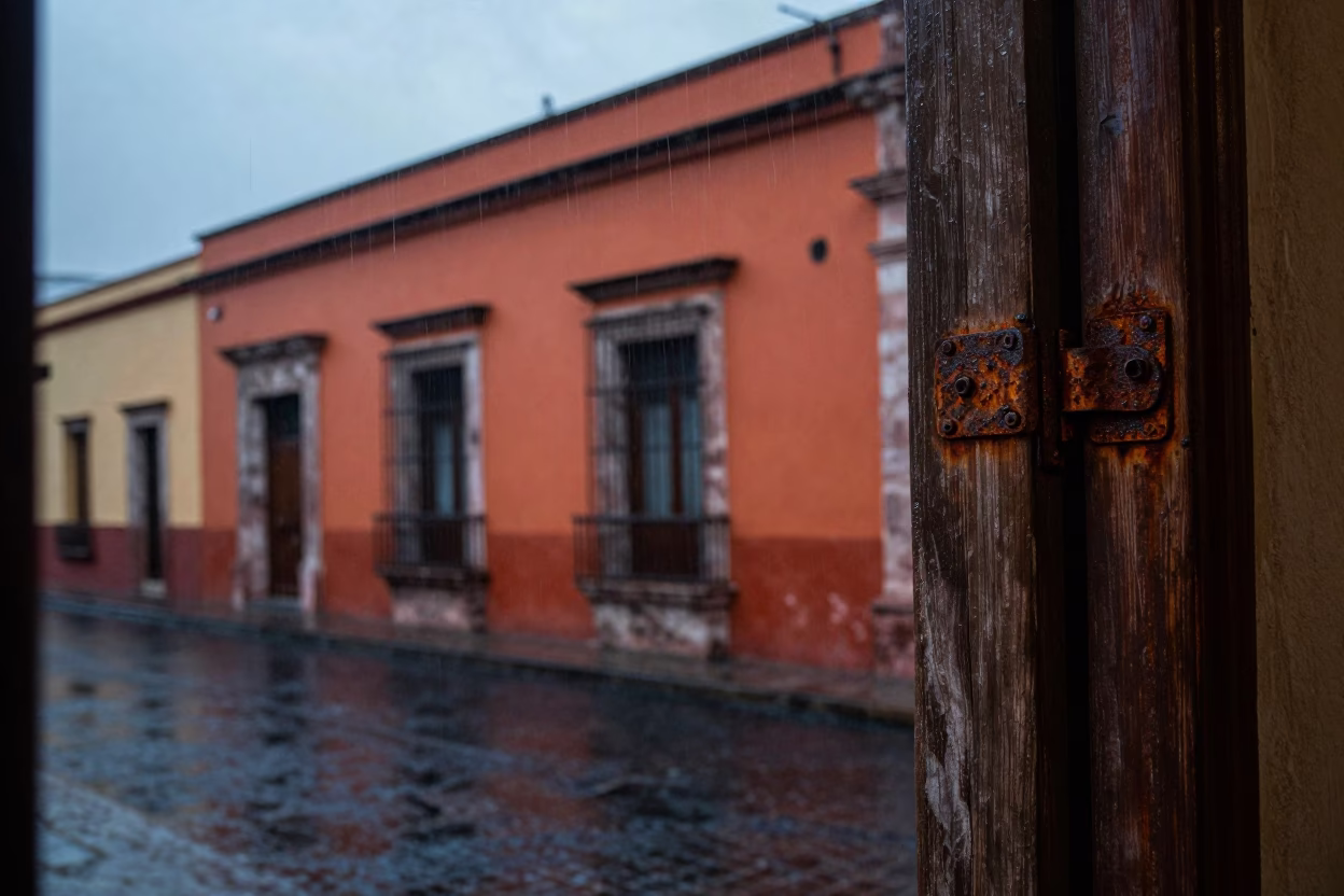 Oaxacan Dusk Street Scene with Rusty Hinges and Rain in in Oaxaca, Mexico