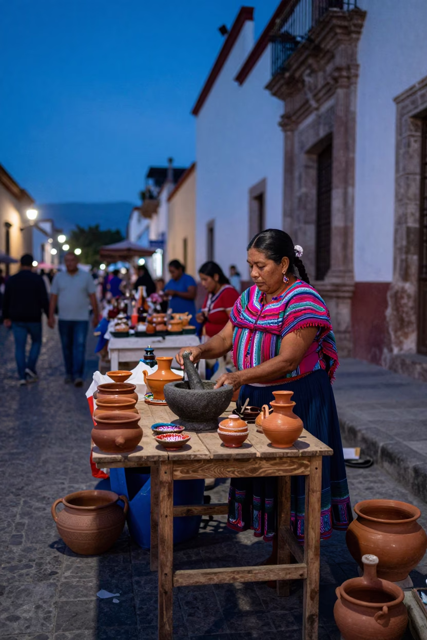 Oaxacan Evening Market Scene with Mortar and Pestle in Blue Hour Light in in Oaxaca, Mexico