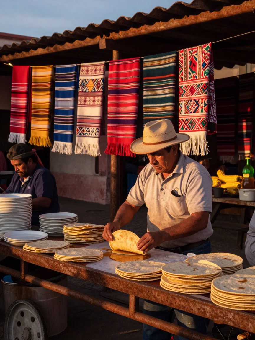 Oaxacan Evening Market Scene with Rusty Rail and Honeyed Light in in Oaxaca, Mexico