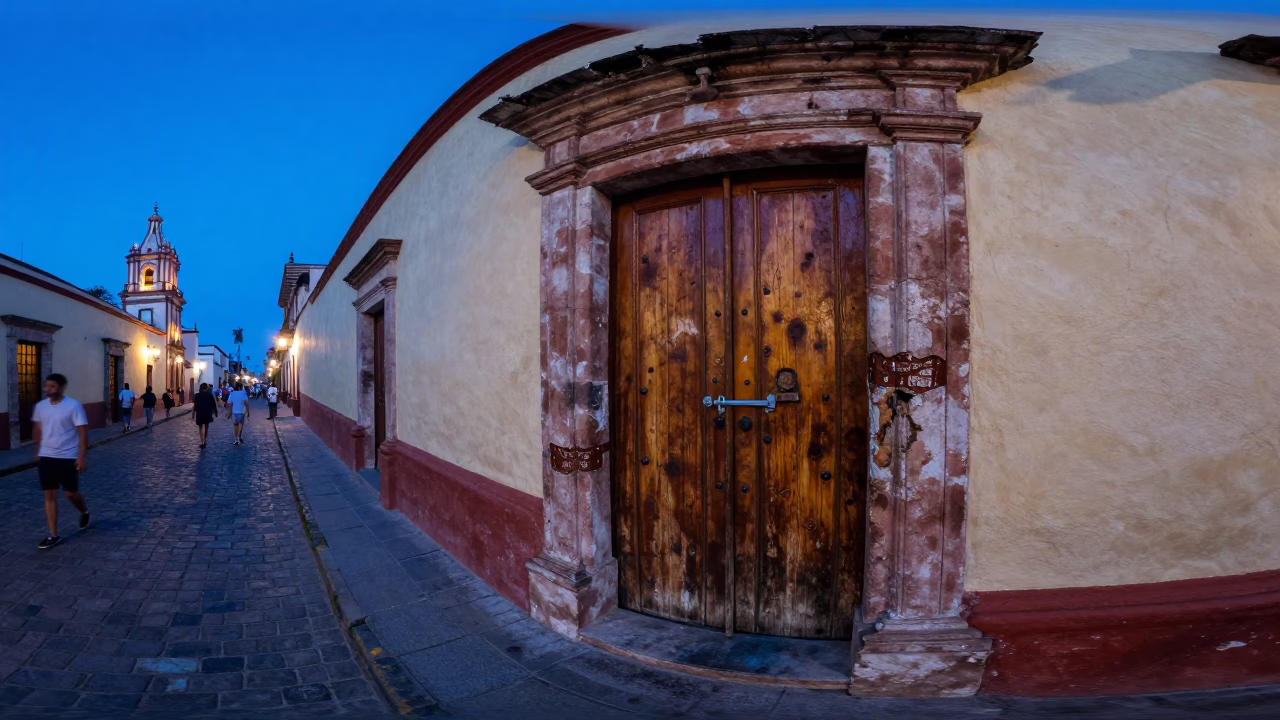 Oaxacan Evening Street Scene with Latch and Doorframe in Blue Light in in Oaxaca, Mexico