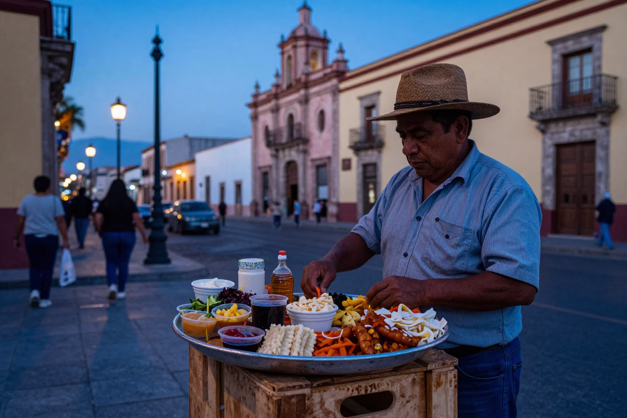 Oaxacan Evening Street Scene with Mezze Platter and Local Market Ambiance in in Oaxaca, Mexico