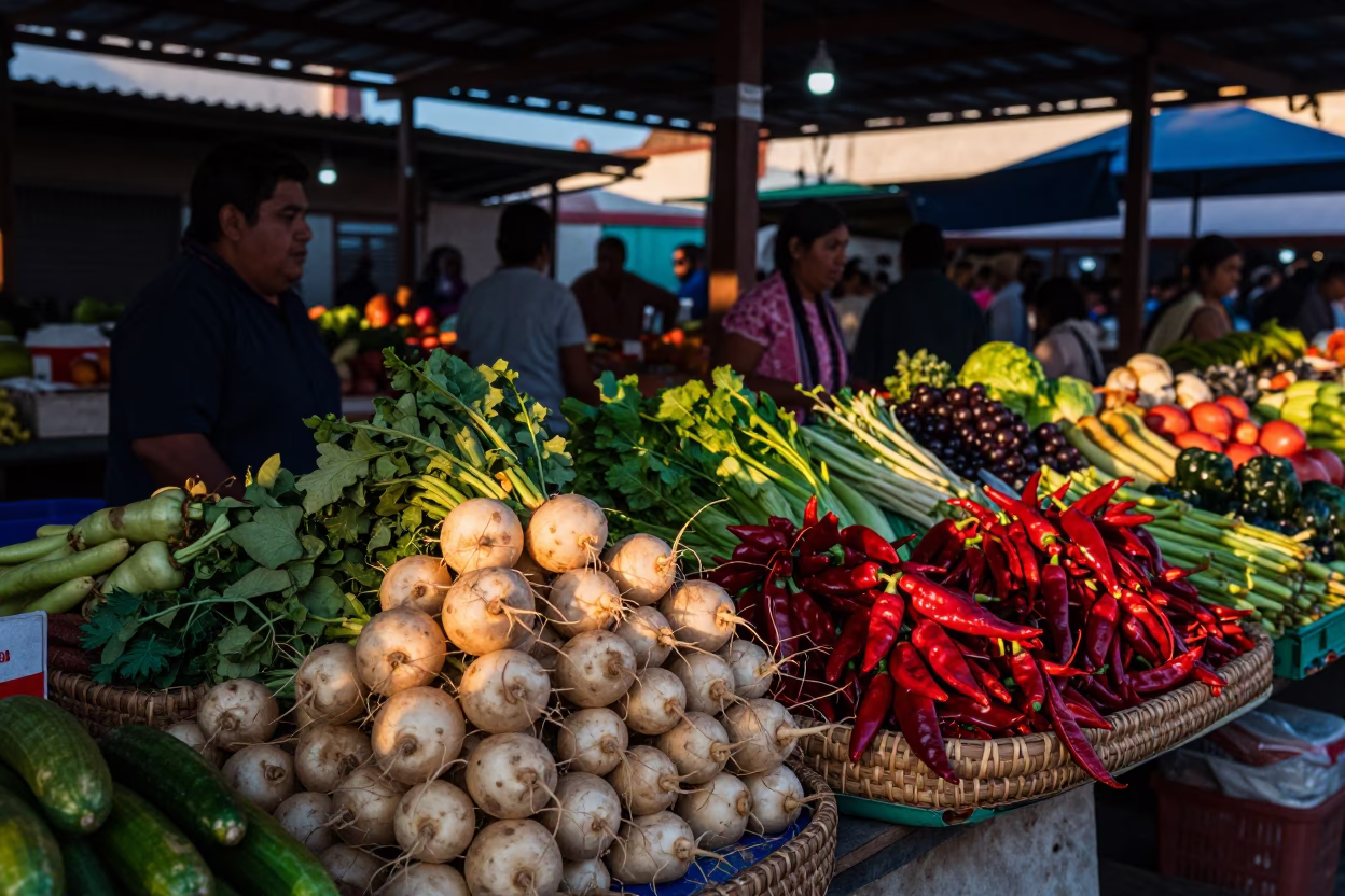 Oaxacan Market Dawn Light Illuminates Colorful Vegetables and Traditional Textiles in in Oaxaca, Mexico