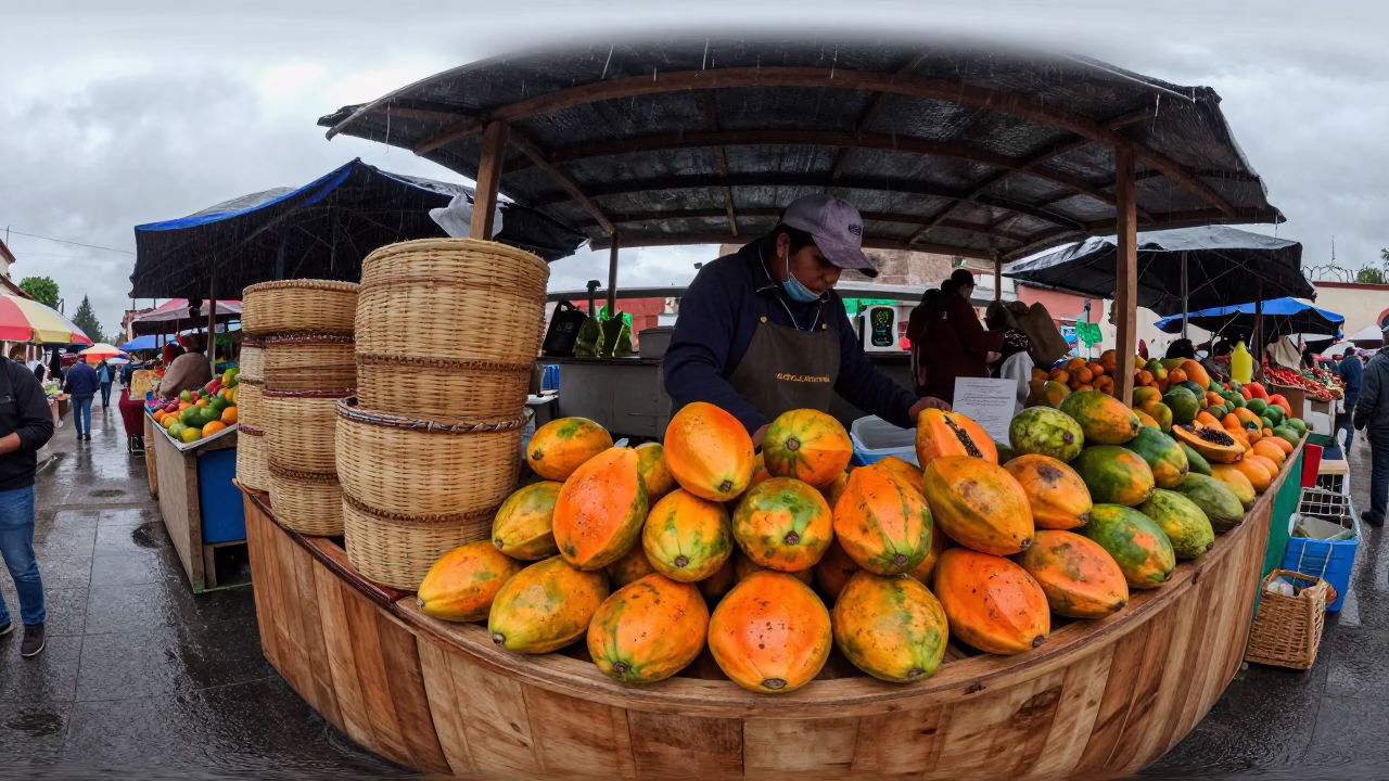 Oaxacan Market Stall First Light After Rain With Woven Cane And Papayas in in Oaxaca, Mexico