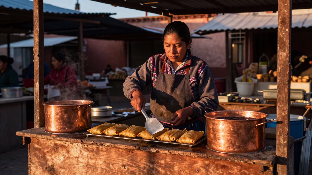 Oaxacan Market Stall Vendor Cooking Tamales in Warm Copper Dusk Light in in Oaxaca, Mexico