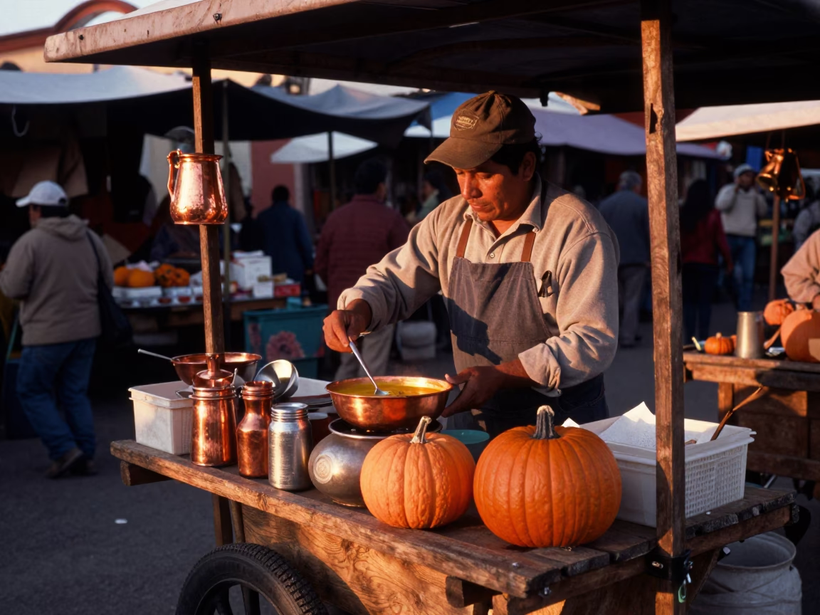 Oaxacan Market Stall Vendor Serving Pumpkin Soup with Pepitas in Copper Dusk Light in in Oaxaca, Mexico