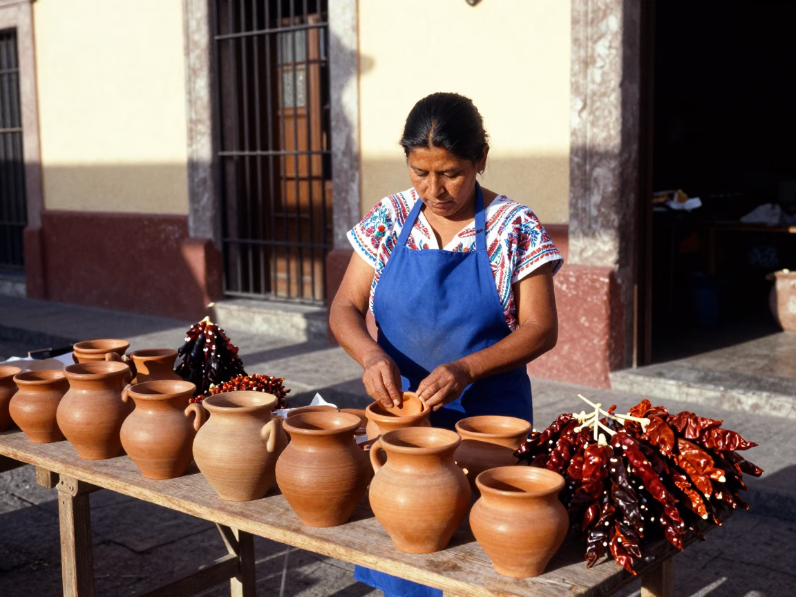 Oaxacan Market Stall Vendor Wearing Blue Apron During Early Afternoon in in Oaxaca, Mexico