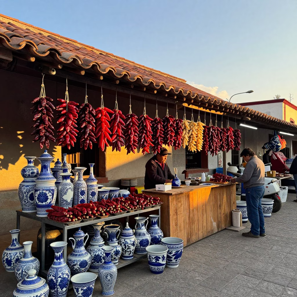 Oaxacan Market Stall with Blue Porcelain and Steel Lamp at Sunset in in Oaxaca, Mexico