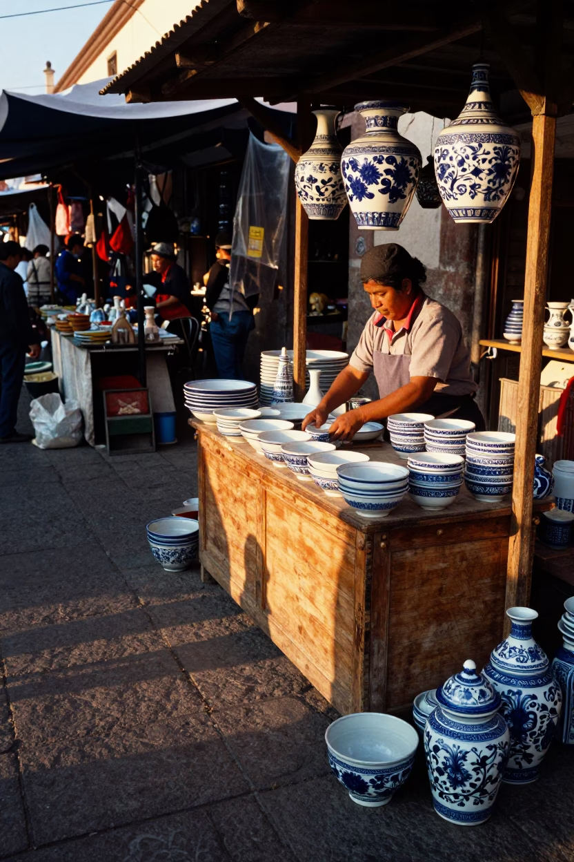 Oaxacan Market Stall with Blue White Porcelain and Wooden Spoon in Honeyed Evening Light in in Oaxaca, Mexico