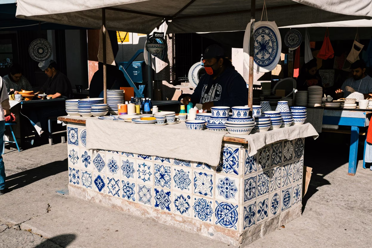 Oaxacan Market Stall with Ceramic Tiles and Linen Fringe Under Noon Sun in in Oaxaca, Mexico