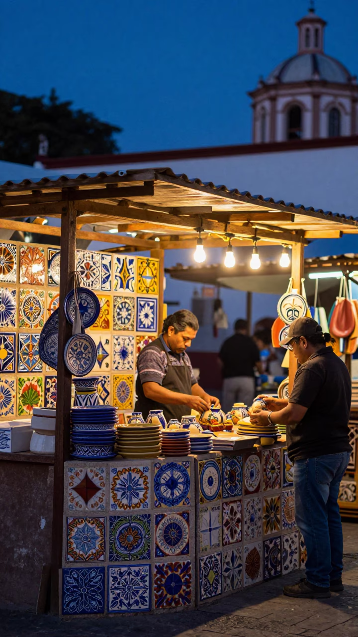 Oaxacan Market Stall with Colorful Talavera Ceramic Tiles Under Indigo Twilight Sky in in Oaxaca, Mexico