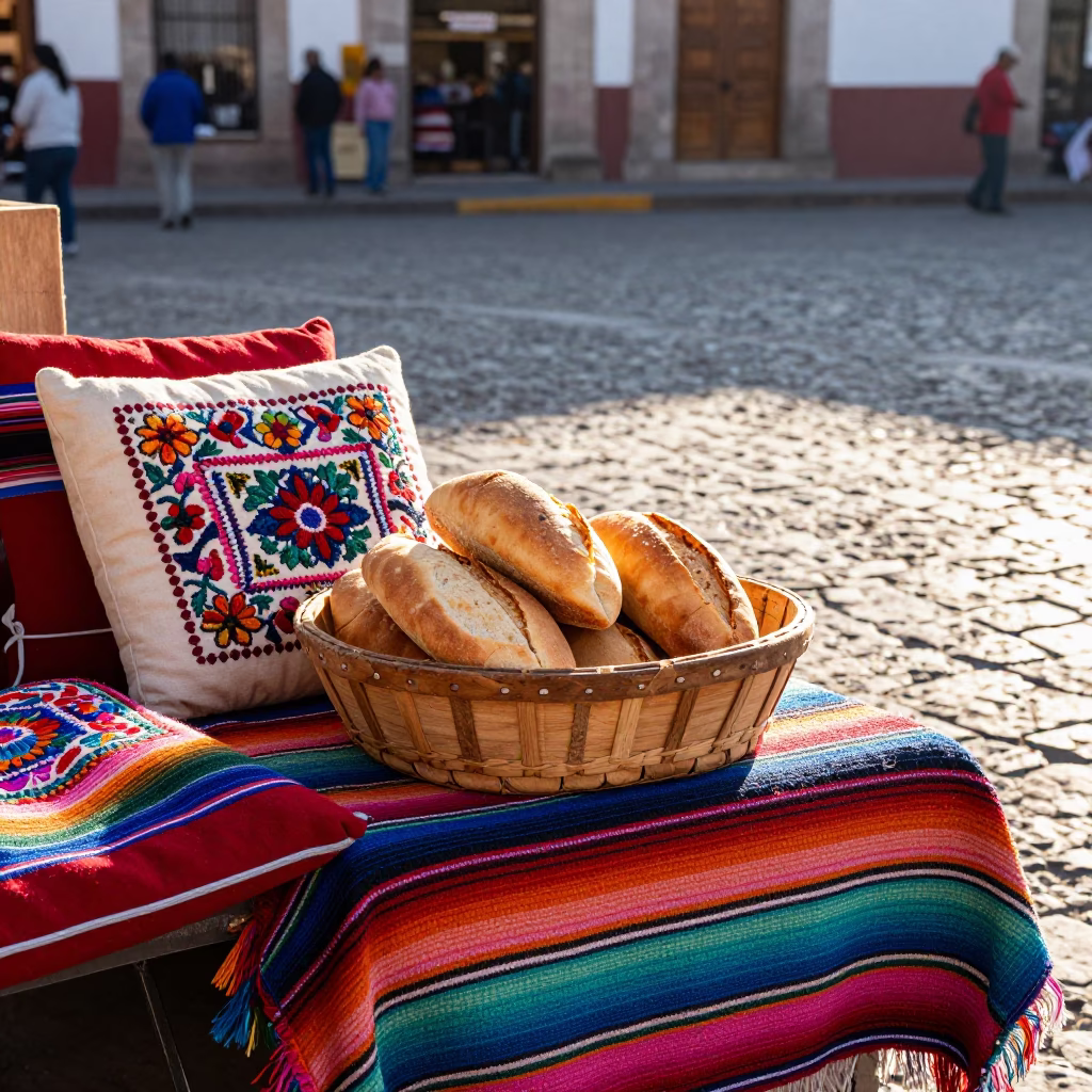 Oaxacan Market Stall with Embroidered Cushions and Fresh Bread at Sunrise in in Oaxaca, Mexico