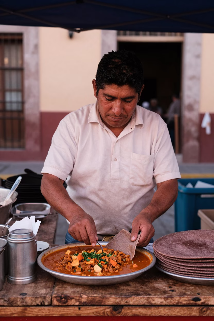 Oaxacan Market Stall with Zigni Stew and Injera in Copper Dusk Light in in Oaxaca, Mexico