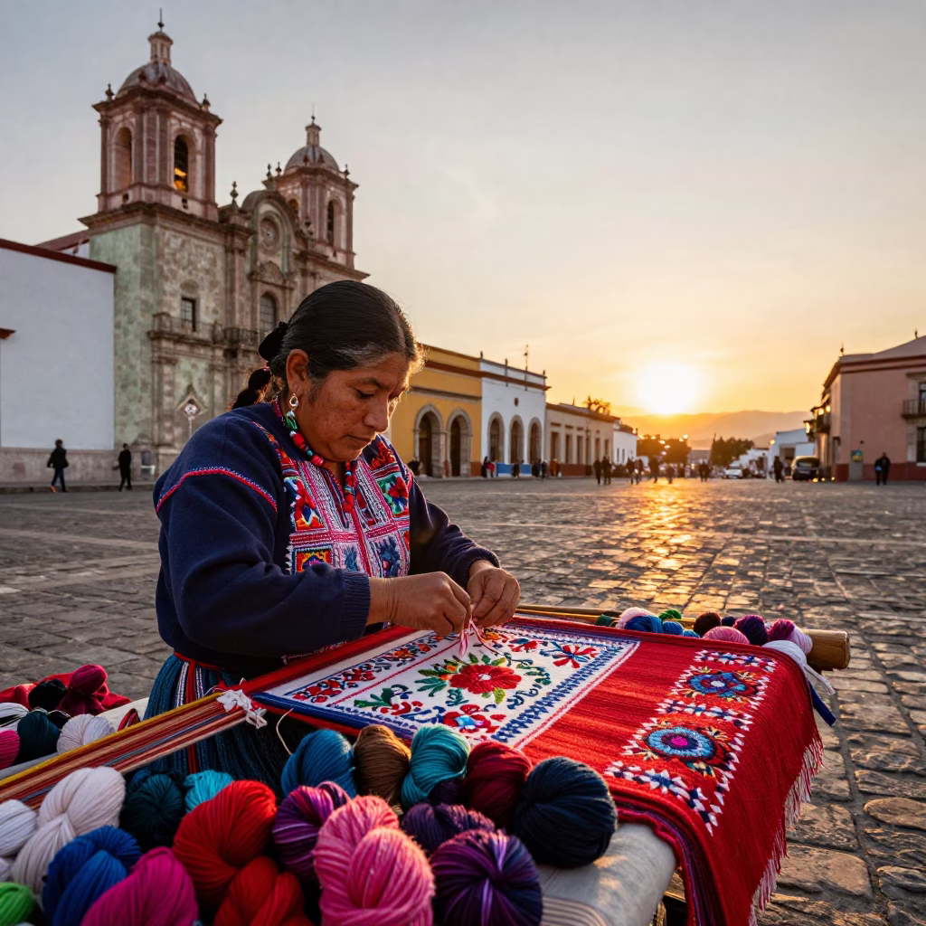 Oaxacan Market Vendor Weaving Embroidered Threads at Sunset in in Oaxaca, Mexico