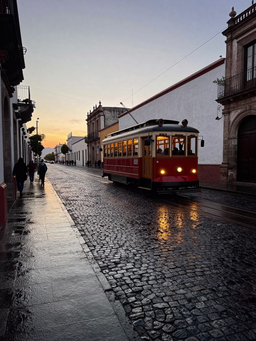 Oaxacan Morning Street Scene with Cobblestone Avenue and Heritage Tram at Nautical Dawn in in Oaxaca, Mexico