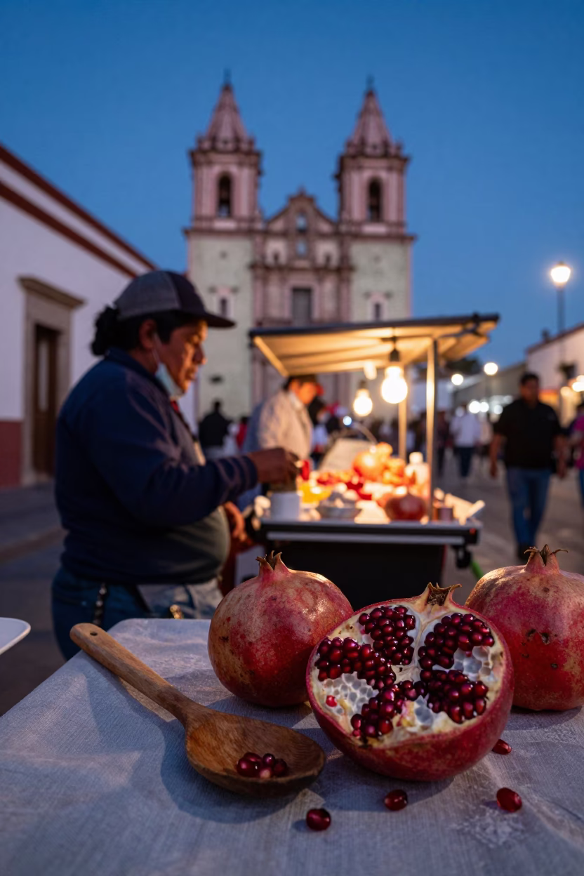 Oaxacan Street Market at Indigo Twilight with Pomegranate and Wooden Spoon in in Oaxaca, Mexico