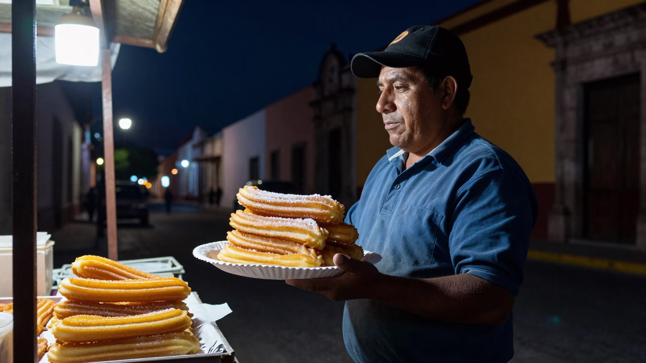 Oaxacan Street Scene at Night with Churros and Local Interaction in in Oaxaca, Mexico