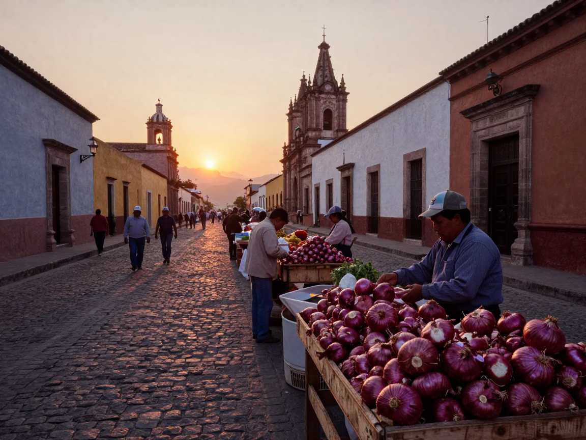 Oaxacan Street Scene at Sunset with Market Onions and Local Life in in Oaxaca, Mexico