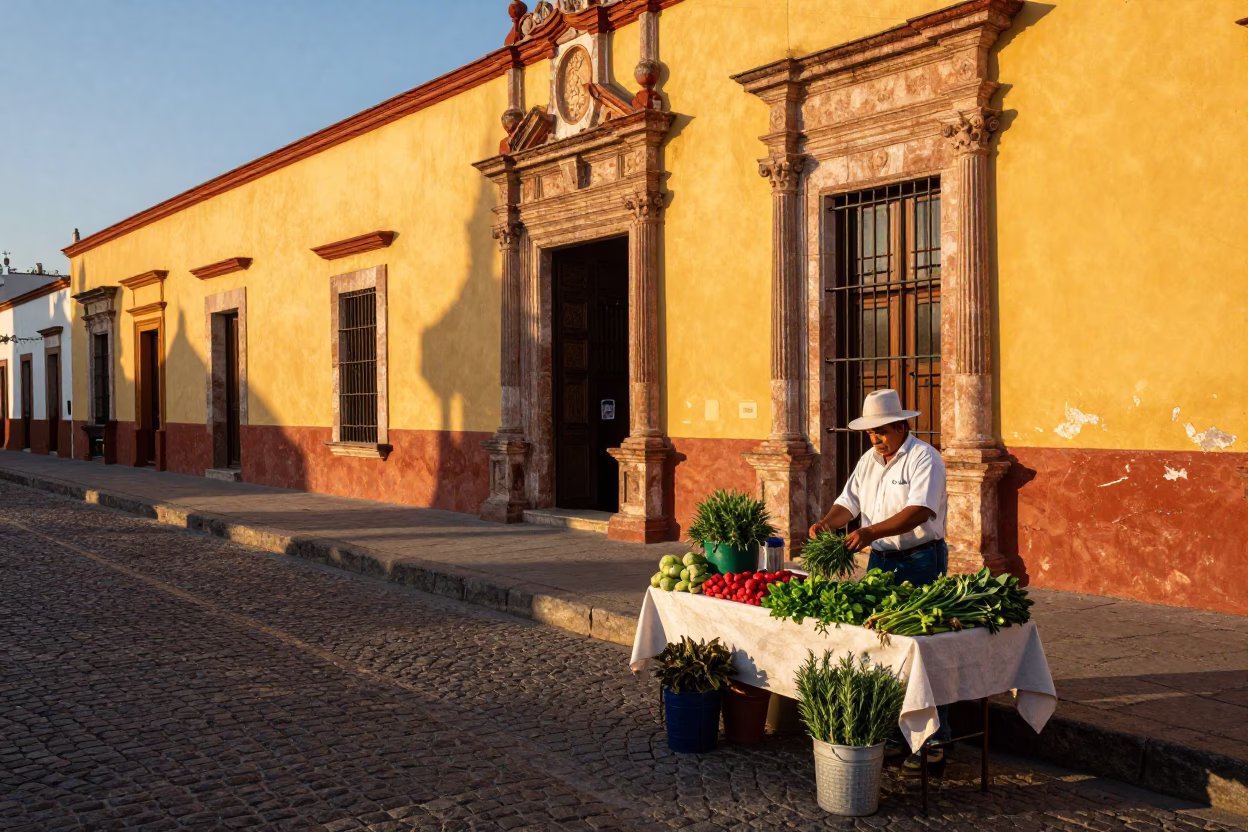 Oaxacan street scene in honeyed evening light with local market activity in in Oaxaca, Mexico