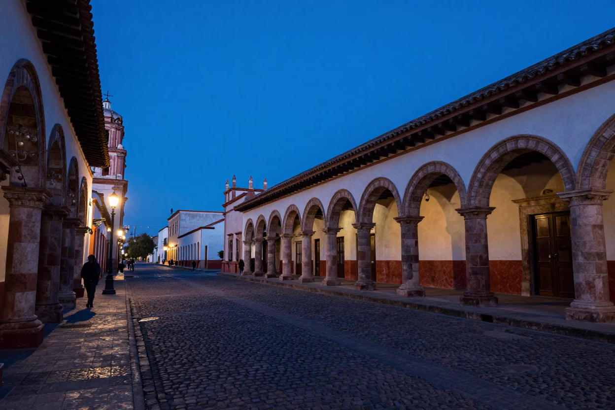 Oaxacan Street Scene in Indigo Twilight with Colonial Architecture and Local Life in in Oaxaca, Mexico