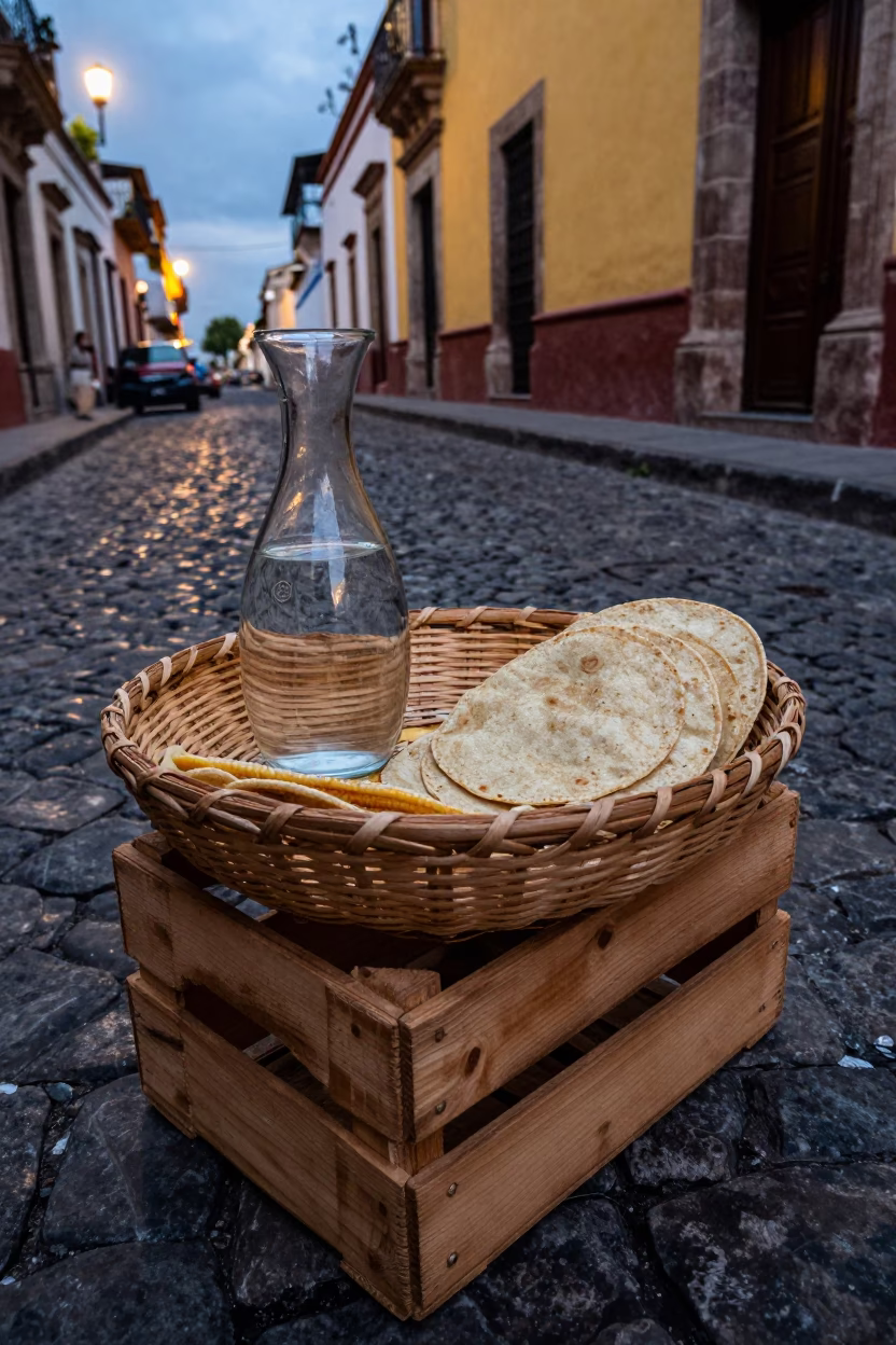 Oaxacan street scene with basket and glass carafe in honeyed evening light in in Oaxaca, Mexico