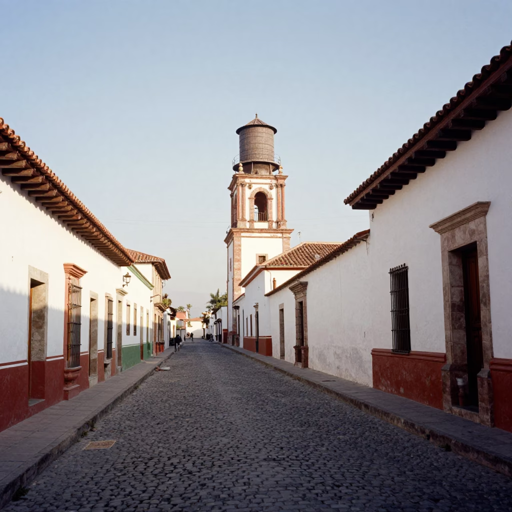 Oaxacan street scene with water tower and colorful colonial architecture in late afternoon light in in Oaxaca, Mexico