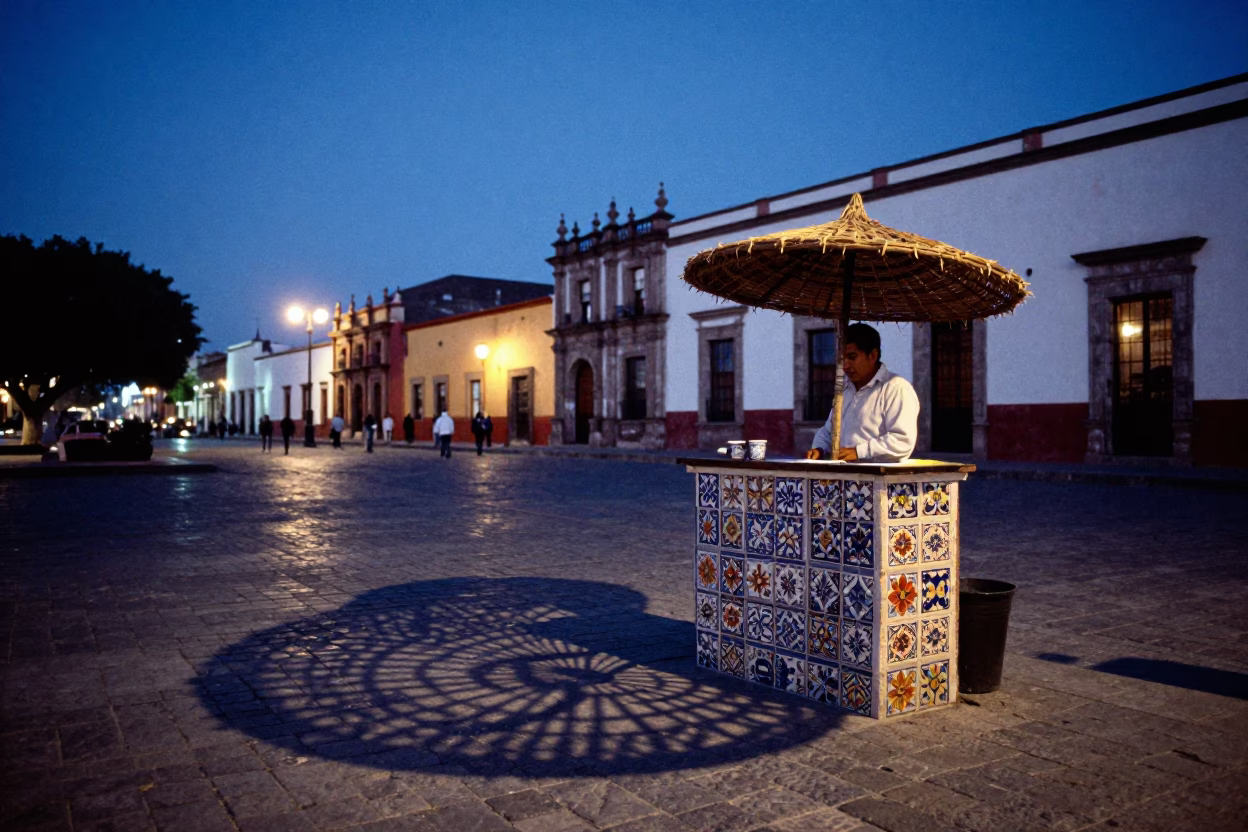 Oaxacan Street Vendor at Dusk with Wicker Shadow on Talavera Tile in in Oaxaca, Mexico
