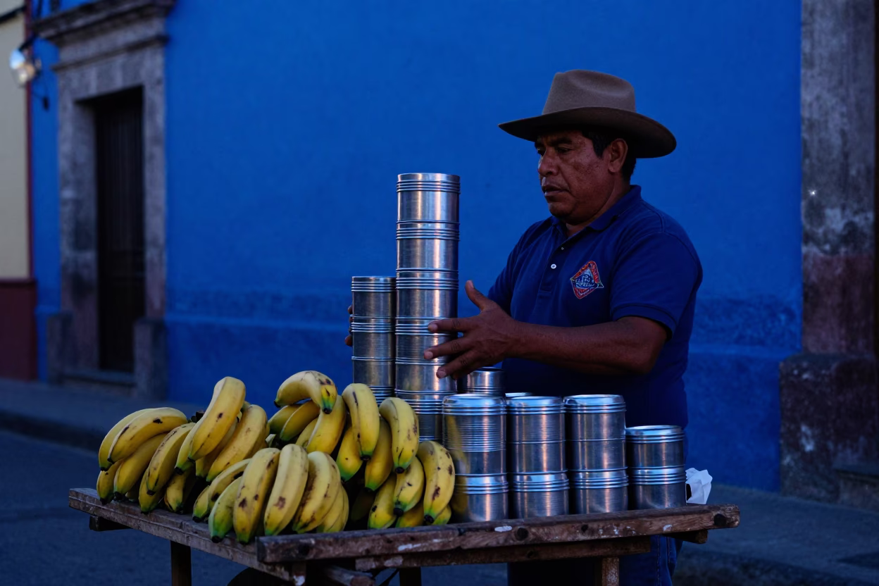 Oaxacan Street Vendor Selling Bananas and Tiffin Tin in Indigo Twilight in in Oaxaca, Mexico