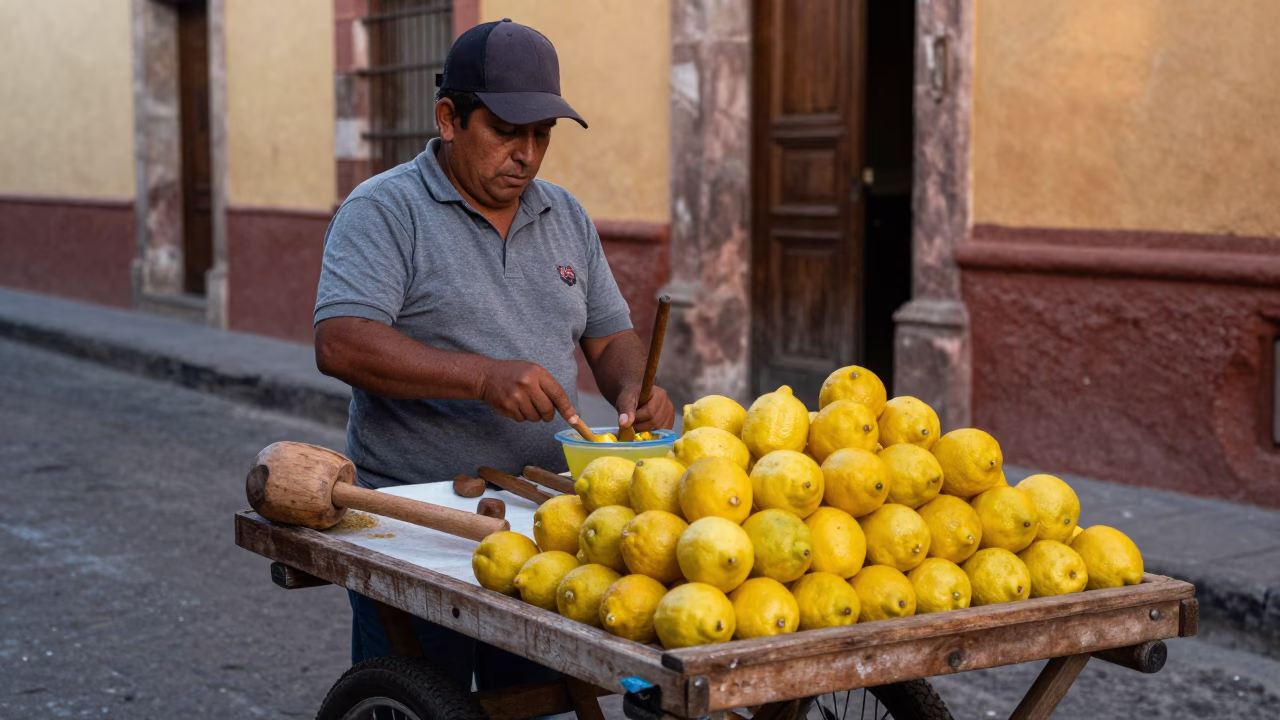 Oaxacan street vendor selling lemons and wooden mallets at sunset in Mexico in in Oaxaca, Mexico