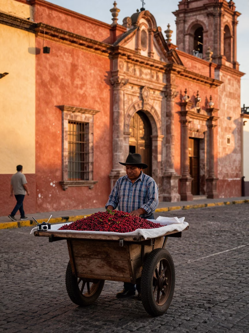 Oaxacan Street Vendor Selling Ripe Red Coffee Cherries at Sunset in Historic Center in in Oaxaca, Mexico
