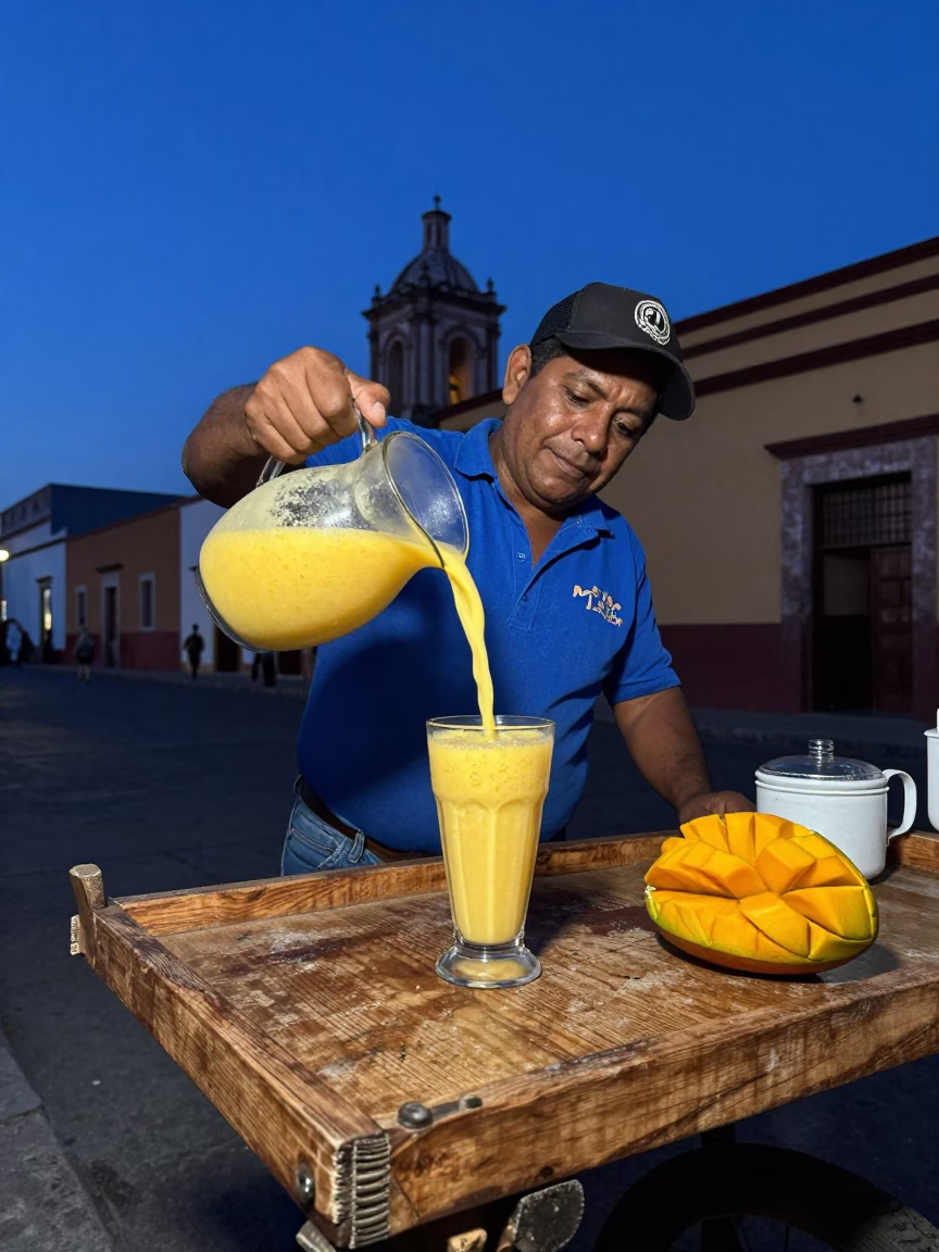Oaxacan street vendor serving fresh mango lassi in indigo twilight in in Oaxaca, Mexico