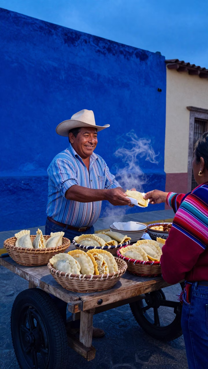 Oaxacan Street Vendor Serving Fresh Tamales in Indigo Twilight After Sunset in in Oaxaca, Mexico