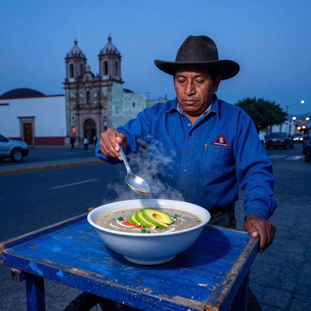 Oaxacan Street Vendor Serving Tortilla Soup in Indigo Twilight in in Oaxaca, Mexico