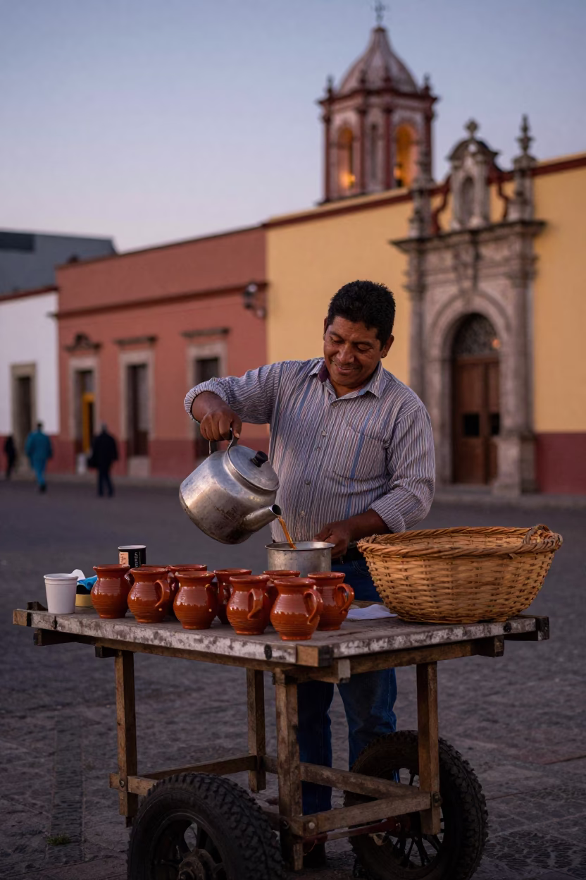 Oaxacan Street Vendor Twilight Scene with Ceramic Mugs and Wooden Stool in in Oaxaca, Mexico