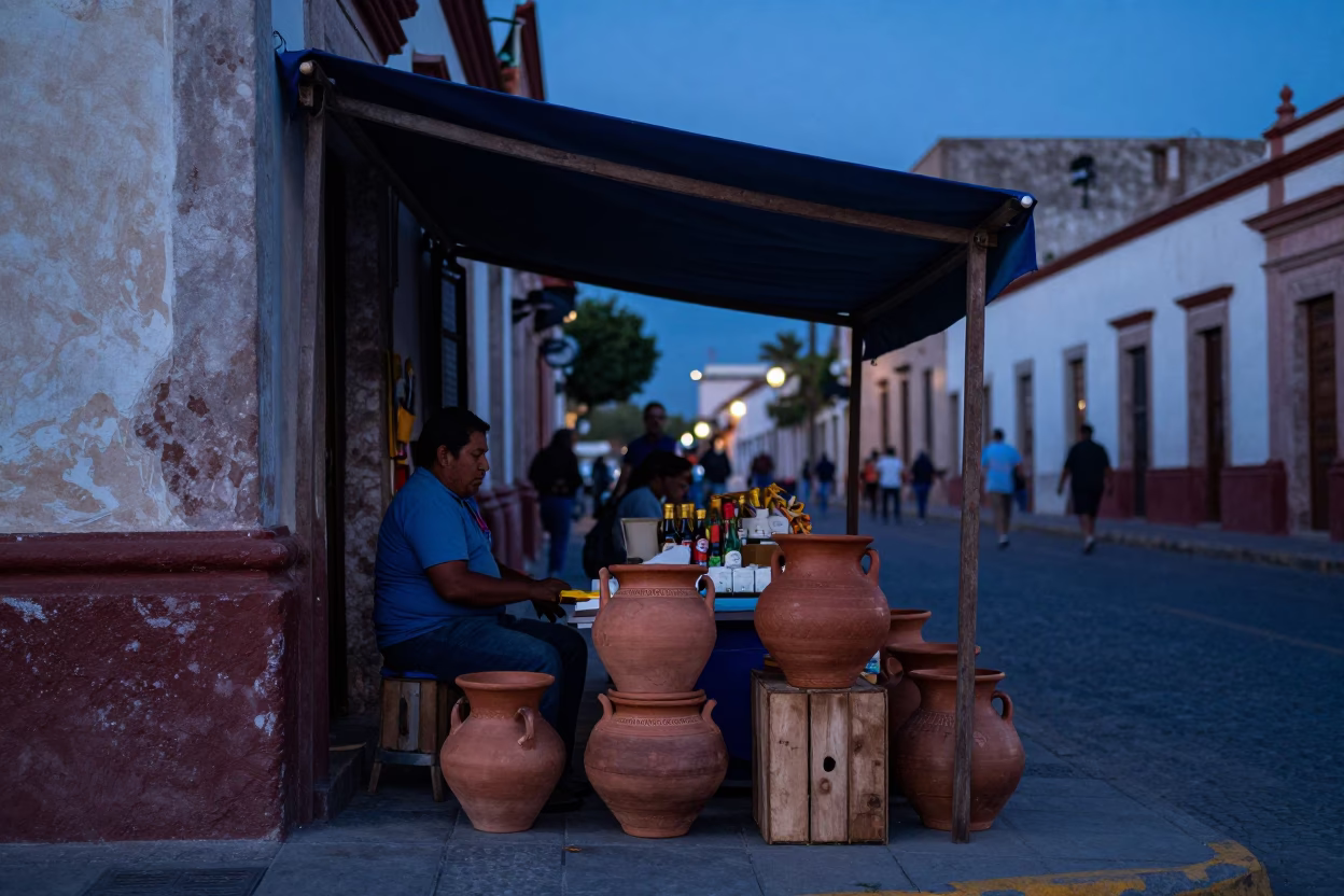 Oaxacan Street Vendor Twilight Scene with Clay Pots and Glass Bottle in in Oaxaca, Mexico