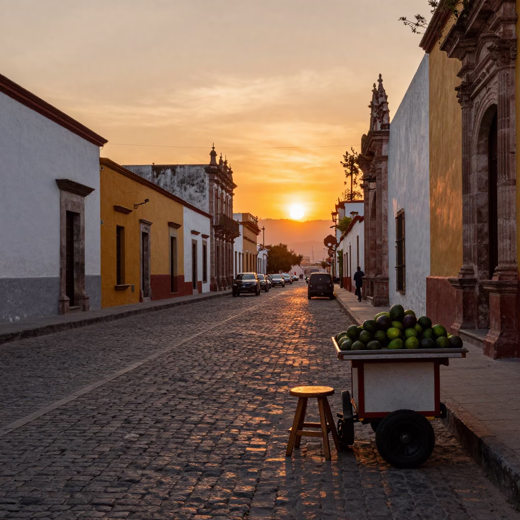 Oaxacan sunset scene with avocados and camp stool in traditional plaza in in Oaxaca, Mexico